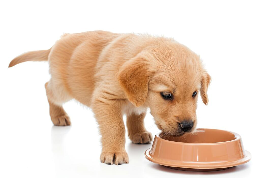 Golden retriever puppy eating from a bowl